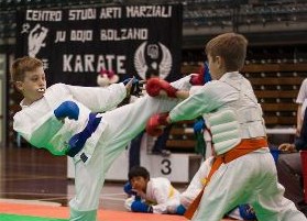 Combattimento dimostrativo - atleta durante l'esecuzione di una tecnica di calcio